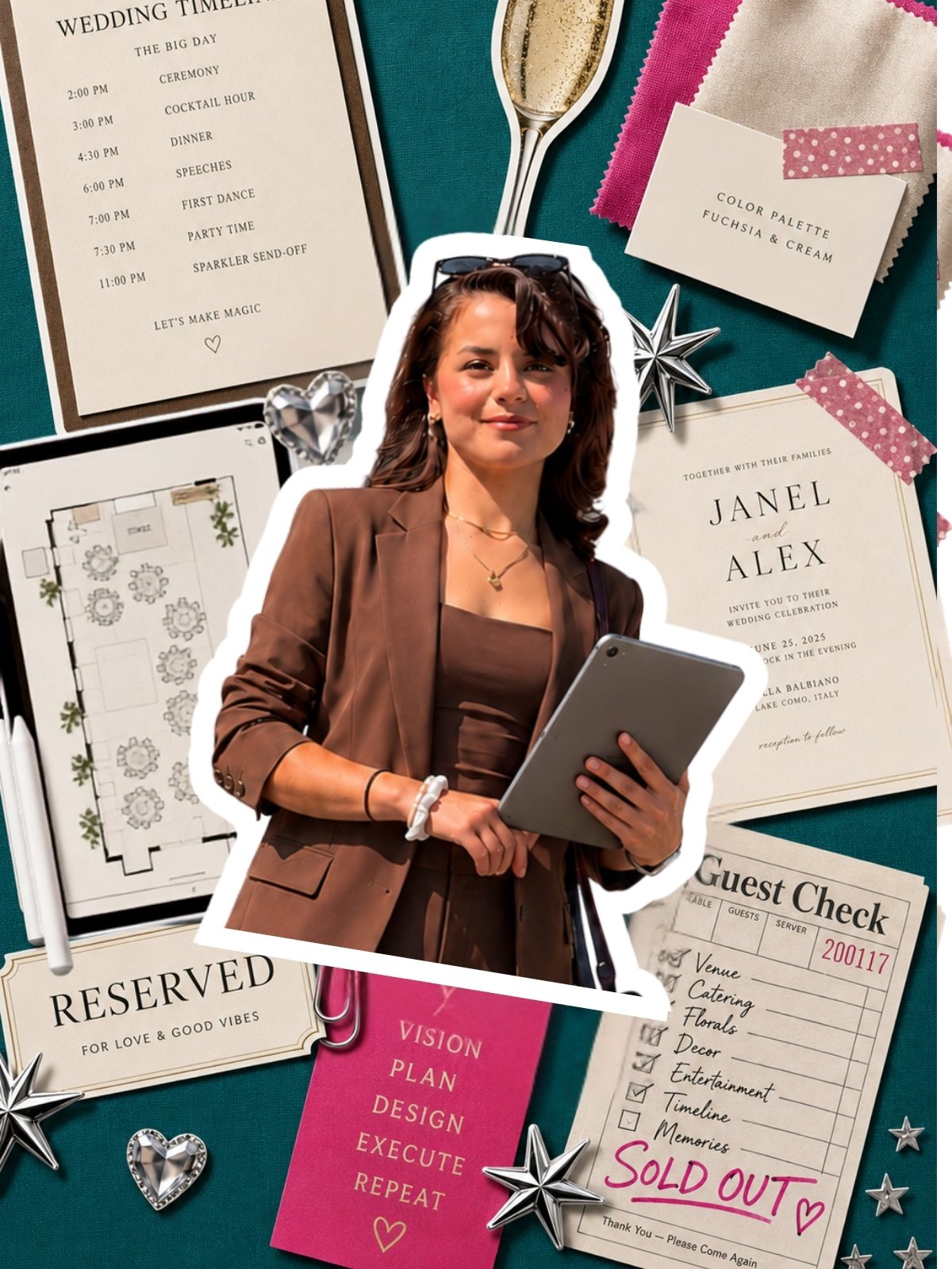 Collage editorial de wedding planner organizando un evento